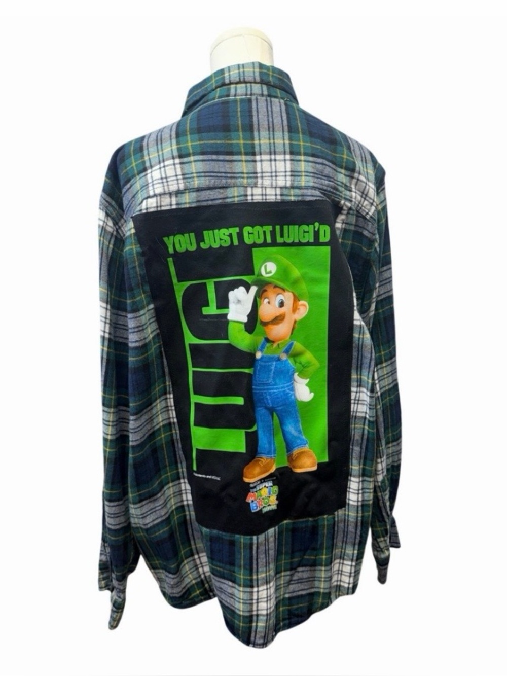 Luigi marion brothers upcycled custom flannel shirt graphic tee on back bespoke